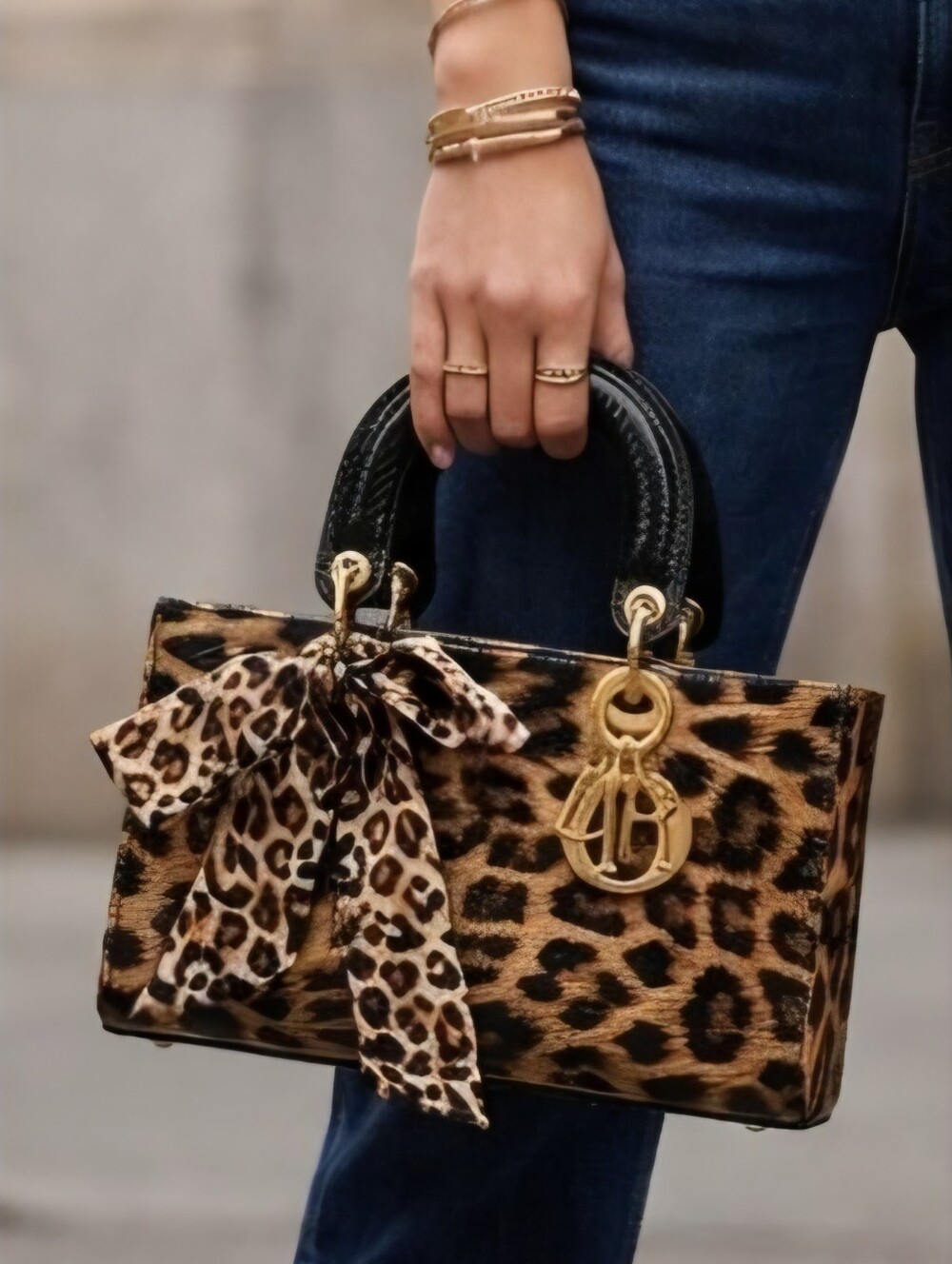 Textured Hard-Sided Leopard Print Satchel, Gold Hardware & Letter Charms, Twilly